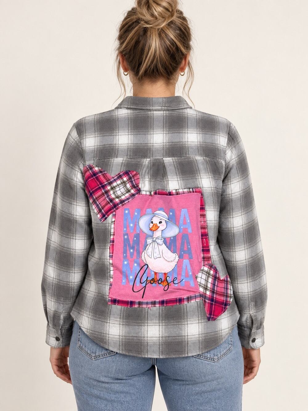 Upcycled Falls Creek Plaid Shirt Women’s XL Mama Goose Graphic Patchwork
